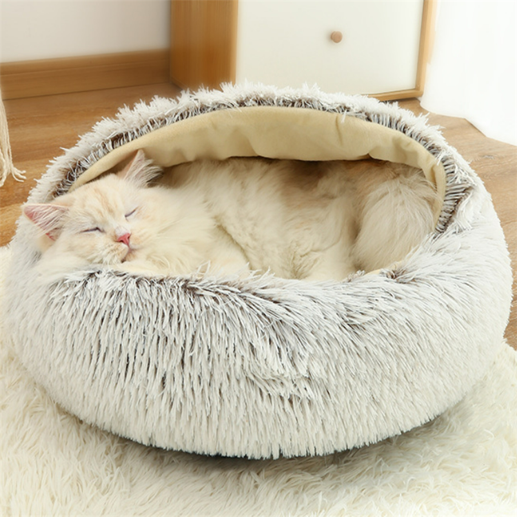 Wholesale Hot Custom Faux Fur Comfortable Washable Luxury Fluffy Plush Pet Cave Cat Dog Beds Round D(图1)