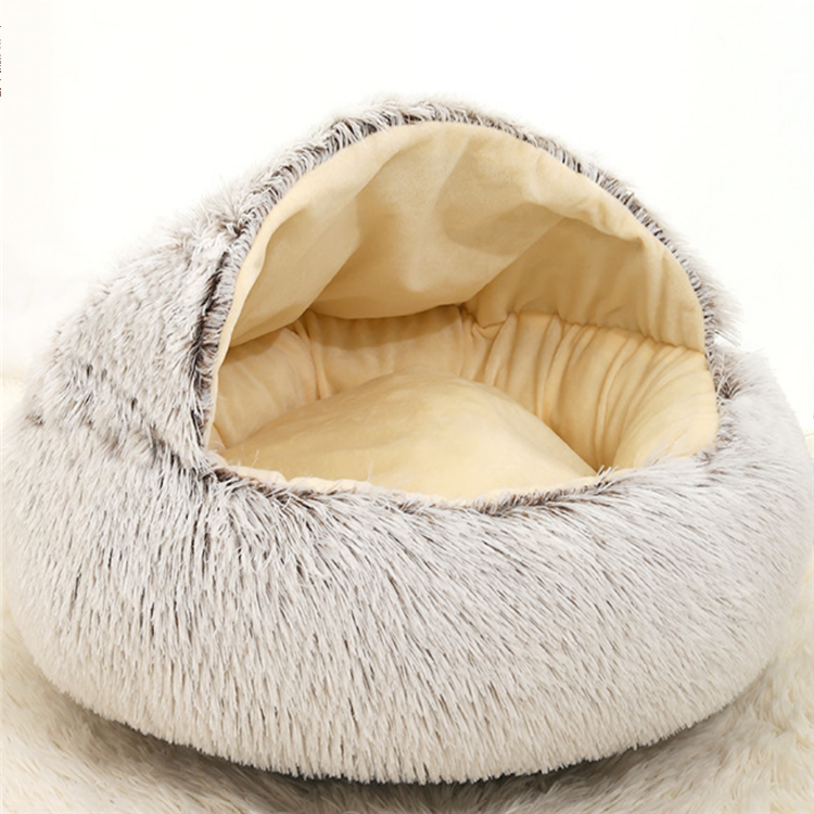Wholesale Hot Custom Faux Fur Comfortable Washable Luxury Fluffy Plush Pet Cave Cat Dog Beds Round D(图5)