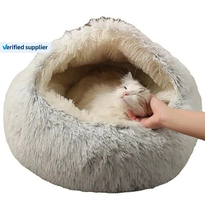 Wholesale Hot Custom Faux Fur Comfortable Washable Luxury Fluffy Plush Pet Cave Cat Dog Beds Round D(图4)
